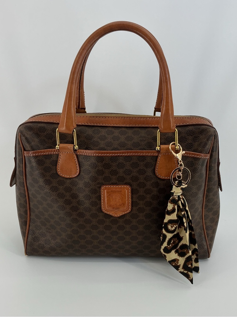 Celine Vintage Macadam Boston 35 Brown Monogram Leather Handbag